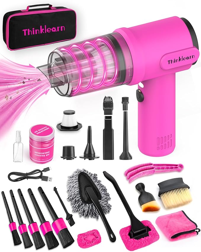 27pcs Car Cleaning Kit, 4-in-1 12000Pa Cordless Mini Handheld Vacuum Cleaner & Air Duster, Portable Pink Car Detailing Kit with Interior Accessories for Car, Home, Office, Gift for Women