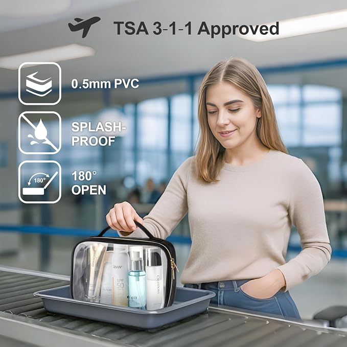 Clear Makeup Bag - TSA Approved Toiletry Bag for Carry-on & Checked Luggage, Water Resistant Car Storage Organizer with Reinforced Seams