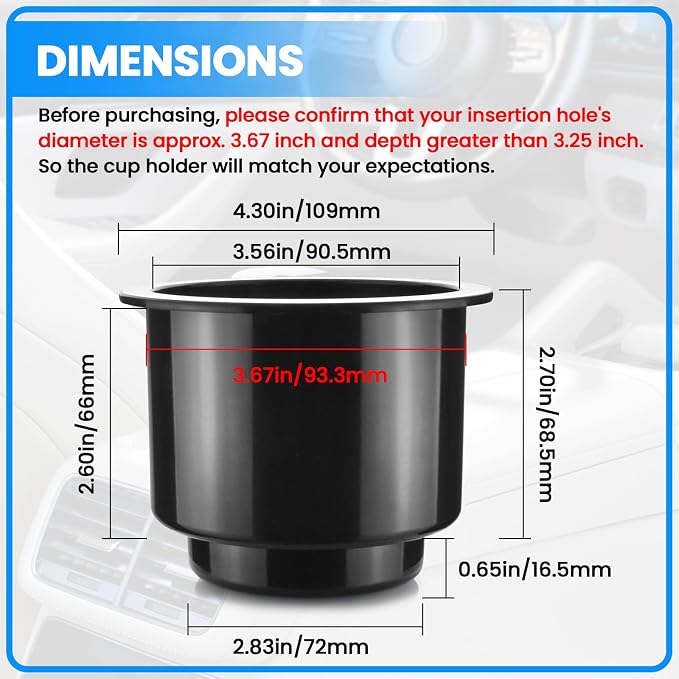 2 Piece Black Sofa Cup Holder Plastic for 2.83" to 3.7" Cups Base | Cupholder Insert for Car, Universal Drop In Cup Holder for Sofa Boat RV Couch Golf Pontoon Cart Truck Poker Table