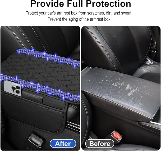 Bling Car Center Console Cover, Leather Car Arm Rest Cover Cushion with 2 Storage Bags, Universal Automotive Armrest Protector Storage Box, Bling Accessories Interior for Most Vehicles (Blue)