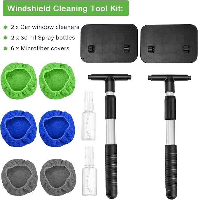2 Sets Windshield Cleaner Tool Car Window Cleaning Wash Kit with Detachable Handle 6 Microfiber Pads and 2 Spray Bottles Inside Windshield Cleaner Tool for Auto Glass Cleaning