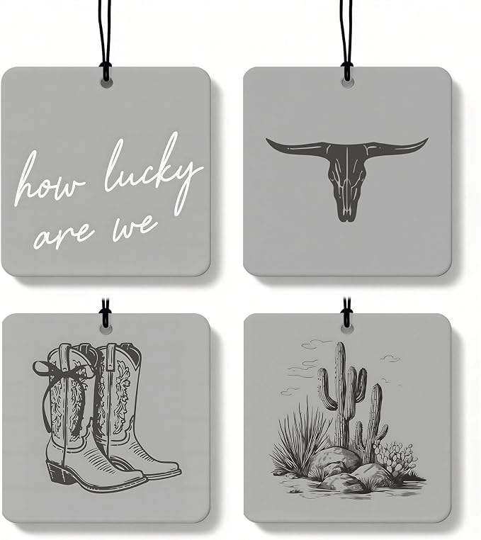 Boho Gray Western Orange Car Air Freshener 4 Pcs, Preppy Cow Skull Cactus Cowgirl Boots Square Hanging Air Freshener for Closet Drawer Books, Western Car Accessories Mirror Decor for Women