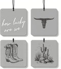 Boho Gray Western Orange Car Air Freshener 4 Pcs, Preppy Cow Skull Cactus Cowgirl Boots Square Hanging Air Freshener for Closet Drawer Books, Western Car Accessories Mirror Decor for Women