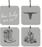 Boho Gray Western Orange Car Air Freshener 4 Pcs, Preppy Cow Skull Cactus Cowgirl Boots Square Hanging Air Freshener for Closet Drawer Books, Western Car Accessories Mirror Decor for Women
