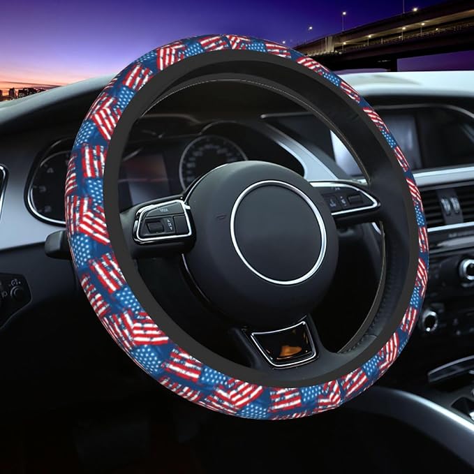 Blue American Flag Patriotism Steering Wheel Cover Car Accessories Cute for Women Girls Girly Universal 15 Inch Neoprene Auto Interior Decor Anti Slip Car Truck Protector
