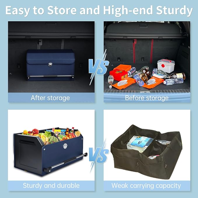 Car Trunk Organizer, Car Trunk Leather Storage Box with Lid and Push-pull Handle Car Trunk Storage Organizer for Car (Blue, 20.47 x 11.42 x 12.2in)