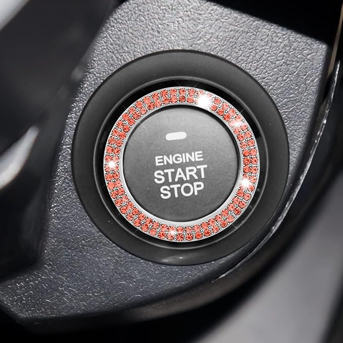 Bling Car Engine Start Ring Decals, 2PCS Crystal Rhinestone Vehicle Push Start Button Cover Sticker, Key Ignition Knob Ring, Sparkling Automotive Interior Accessories (Double Orange Red)