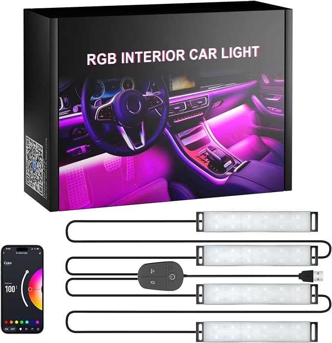 LED Lights for Car Interior 2-Line Inside Cool Accessories Decorations with App and Control Box, Color Changing Footwell Lighting for Cars, Truck, USB DC 5V