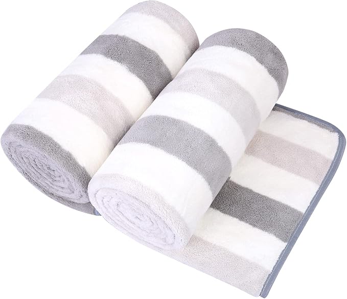 Microfiber Bath Towels, 30" x 60", Cabana Stripe Grey, Set of 2 | Hanging Loop,Large, Soft, Super Absorbent, Fast Drying, Perfect for Hair Wrap, Sport, Fitness, Yoga