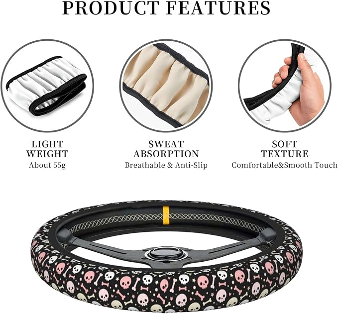 Universal 15 Inch Steering Wheel Cover, Pink & White Skull Pattern Non-Slip Neoprene Auto Car Wrap, Breathable & Durable Interior Protector for Most Vehicles, Cars, SUVs, and Trucks