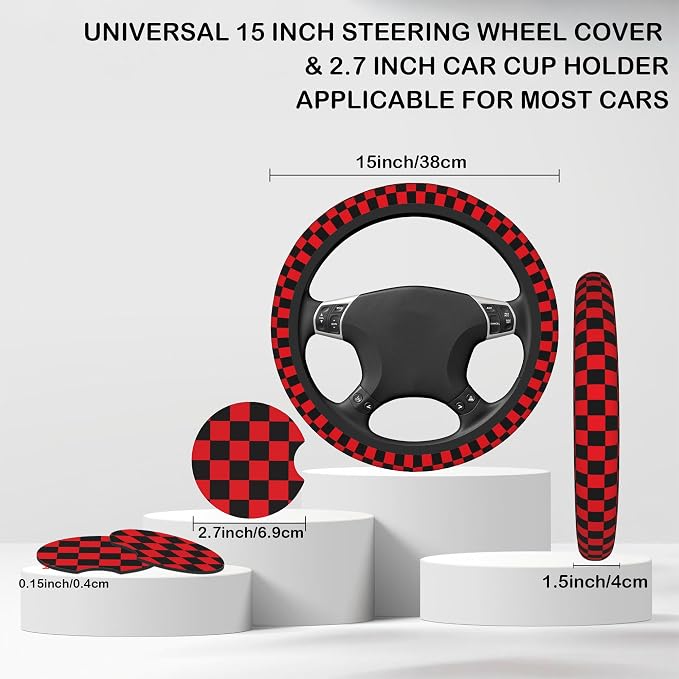 Black and Red Checkered Steering Wheel Cover with 2 Pcs Car Coasters Neoprene Steering Wheel Cover for Women Men Anti-Slip Breathable Car Accessories Universal 15 Inch Fit Auto Cars Trucks