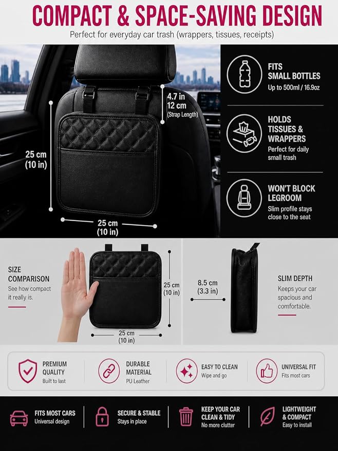 Leather Car Organizer for Backseat – Headrest Hanging Storage Bag with Pockets for SUV & Truck | Premium Quilted Car Seat Organizer for Phone, Trash & Car Essentials