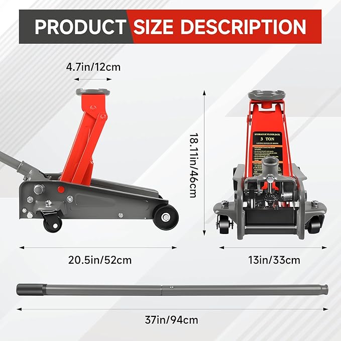 3 Ton Floor Jack, 6600LBS Heavy Duty Hydraulic Jack, Fast Lift with Wheels, Lift Range: 5.31''-18.11'', Steel Material, for Home, Garage and Repair Shops, Red