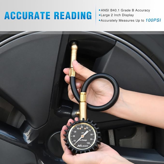 Tire Pressure Gauge 100PSI Heavy Duty Large 2" Glow Dial ANSI B40.1 Certified Air Chucks Accurate Reading with Extended Hose for Truck Semi Truck ATV Motorhome Cars & RV Accessories