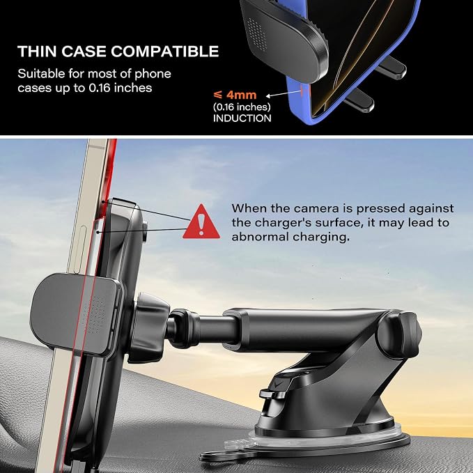 Suction Phone Mount Wireless Car Charger, 15W Dashboard Wireless Charger for Car, Compatible with iPhone, Samsung, LG and More
