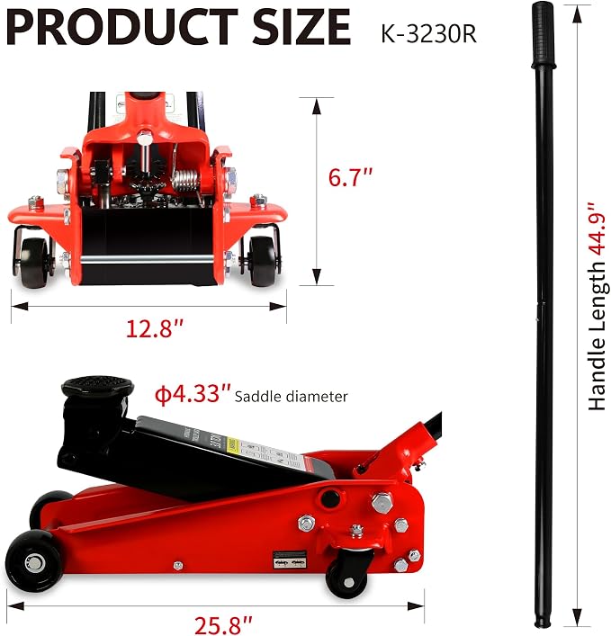 Professional Heavy Duty Hydraulic Floor Jack - Low Profile Steel Racing Jack With Piston Quick Lift Pump, 3 Ton (6,000 lb) Capacity, 5.1"-20" Lifting Range, Red