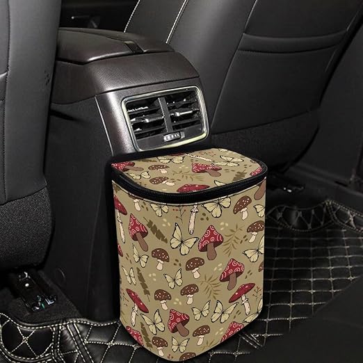 Mushroom Butterfly Print Car Trash Can with Lid, Leak Proof Auto Trash Bag Hanging Vehicle Garbage Can Multipurpose Storage Container for Back Seat Road Trip