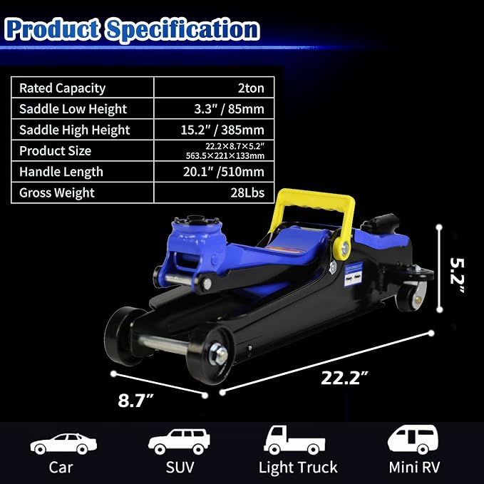 2 Ton Low Profile Floor Jack, Professional Trolley Hydraulic Jack, Heavy Duty Steel Racing Floor Jack with Single Piston Quick Lift Pump, 2Ton (4,000 lb) Capacity, Lift Range 3.3"-15.2"