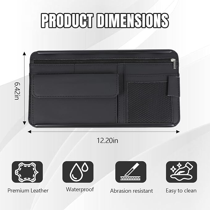 Car Visor Organizer, Leather Multi-Pocket Auto Sun Visor Storage Pouch with Sunglasses Holder, Card Holder, Zipper Pocket, Net Pocket, Pen Slot, Universal Interior Car Accessories (Black)