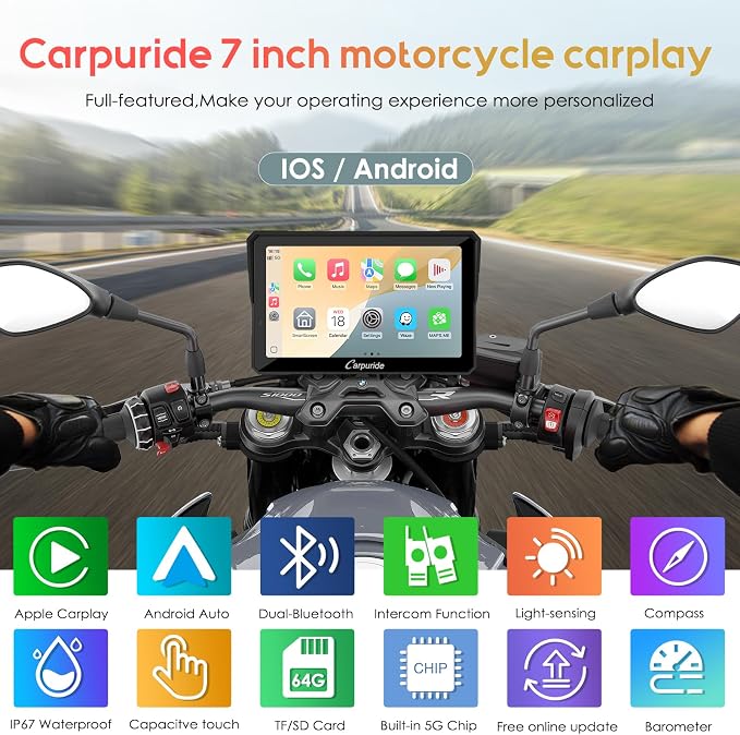 Carpuride W702B PRO Motorcycle Carplay Screen for BMW R1200GS R1250GS S1000XR Motorcycle, 7 inch Waterproof Touchscreen, Portable Carplay/Android Auto GPS Navigation for Motorbike, Dual Bluetooth