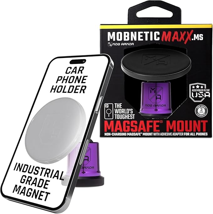 MobNetic Maxx MS - MagSafe Compatible Car Phone Mount w/ 90º Tilt, 360º Rotation & Durable Aluminum Build, Magnetic Holder for iPhone & Android Devices, USA Assembled - Purple Chrome