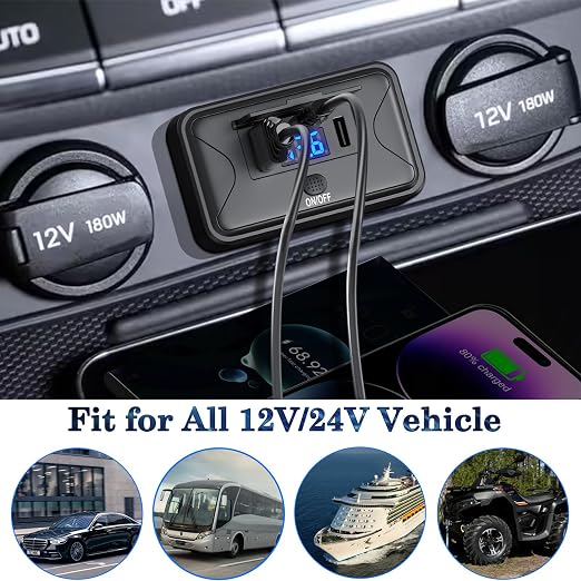 90W 12V USB Outlet Panel Wall Mount, Dual 36W USB C and QC 3.0 18W Car USB Port Charger with Voltmeter Button Switch, Waterproof 3 USB Multi Port Power Outlet DIY 12V Accessories for Car Bus RV Truck