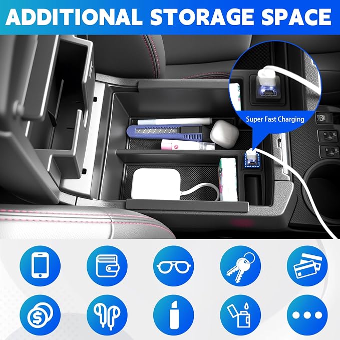 Center Console Organizer Tray with Super Fast Charging Fits for 2010-2024 Toyota 4Runner Armrest Storage Box Compatible with 4Runner Interior Accessories (Center Console+USB)