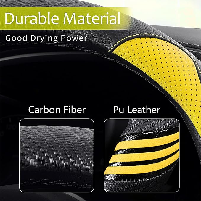 Steering Wheel Covers with Leather and Anti-Slip Rubber Ring, Universal Fit 14.5-15 inches for Cars,SUV (Yellow/Black)