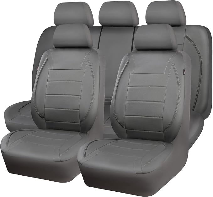 Piping Faux Leather Car Seat Cover Full Set,Grey Breathable Leather Seat Covers for Cars, Airbag Compatible,Universal Fit for SUVs,Van,Sedans,Small Trucks (Full Set, All Gray)