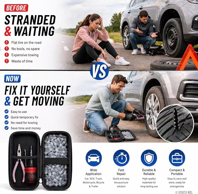 Roadside Emergency Tire Repair kit - 60pcs Tire Repair Screws, Easy Screw in Tire Plugs for Car Bycicle, No-Removal Rubber Tire Plug Screws Kit for Tubeless - Screwdriver, Pliers & Storage Case