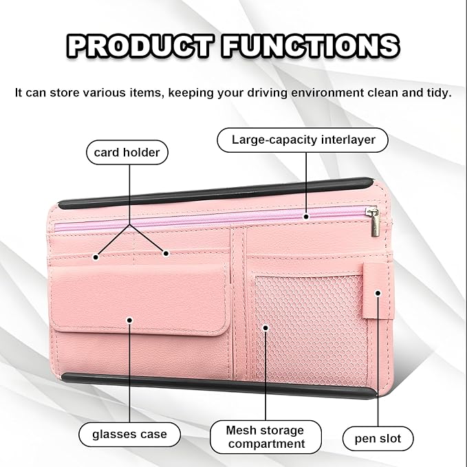 Car Sun Visor Storage Bag, Soft Leather Surface Organizer, Scratch-Resistant Auto Sunshade Organizer Bag, Can Store ID Card, Eyeglasses, Pen, Driving License etc (Pink)
