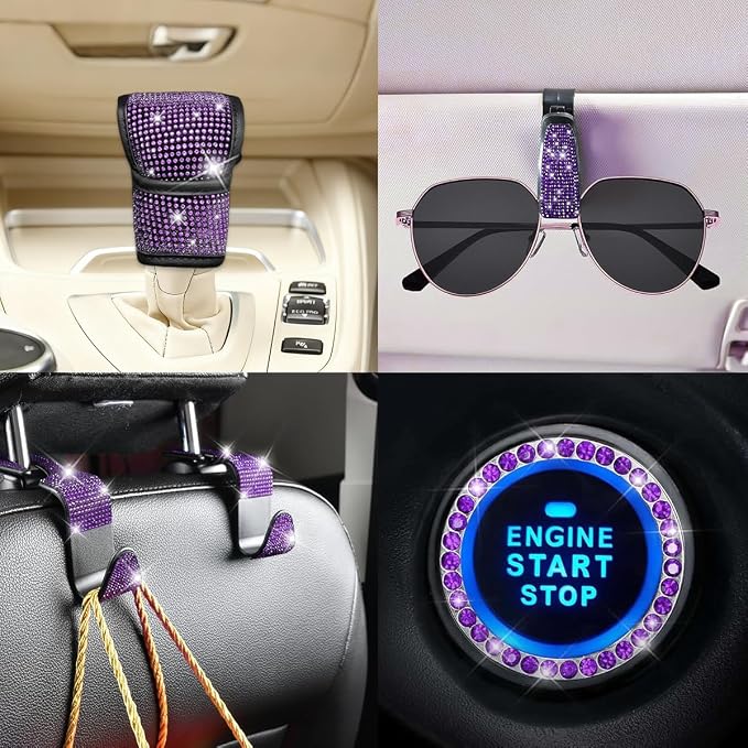 11PCS/Set Bling Car Accessories Set for Women, Rhinestone Vehicle Steering Wheel Cover Seat Belt Cushion Gear Shift Protector Cup Holder Coaster, Universal Automotive Accessories (Purple)