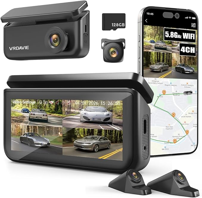 360 View 4 Channel Dash Cam Front and Rear, Left Right Detached Side Camera for Cars,3.39'' Large Touchscreen,GPS and 5G WiFi, Night Vision,Parking Mode,G-Sensor,APP Control, Included 128GB Card ﻿