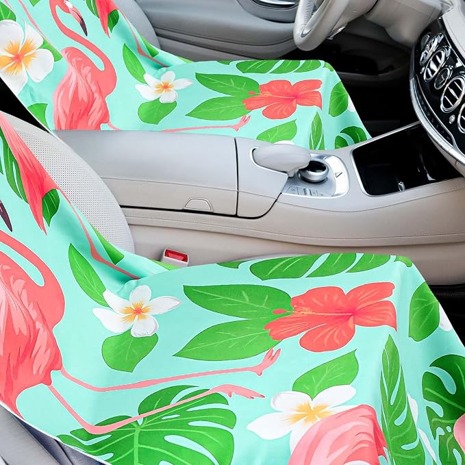 Car Seat Towel Covers with Storage Bag, 63 x 32 Inch Universal Non Slip Waterproof Sweat Protector for Car Truck, Gym Swimming Running, Machine Washable(2 Pack,Green Leaf Flamingo)