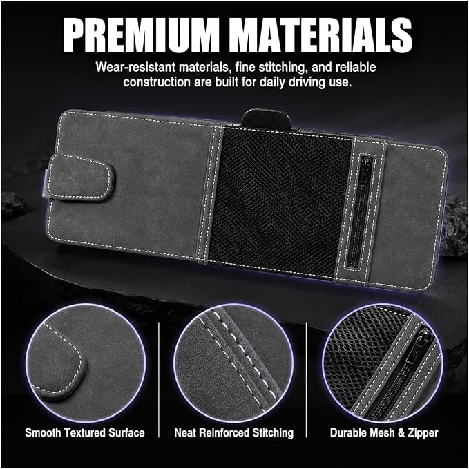 Car Sun Visor Extender, Leather Multi-Pocket Clip-On Auto Visor Organizer, Adjustable Anti-Glare Vehicle Interior Sun Blocker Attachment for Glasses, Driver's License, Ticket (Black&Grey)