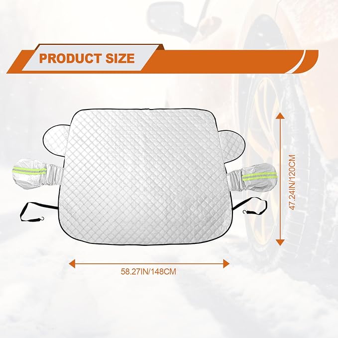 Car Windshield Snow Cover with Side Mirror and Hook, Winter Magnetic Windshield Sun Shade Foldable, Windshield Cover for Ice and Snow, Fit for Small Sedan, Compact SUV, (58"x47") Silver