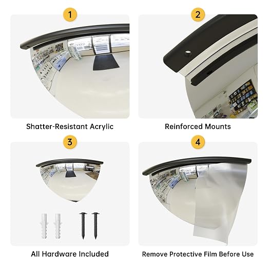 18" 1/4 Acrylic Quarter Dome Security Mirror – 90 Degree Convex Corner Safety Mirror for Blind Spot Elimination in Warehouses, Offices, Retail Stores, and Parking Garages (1, 18 Inch)