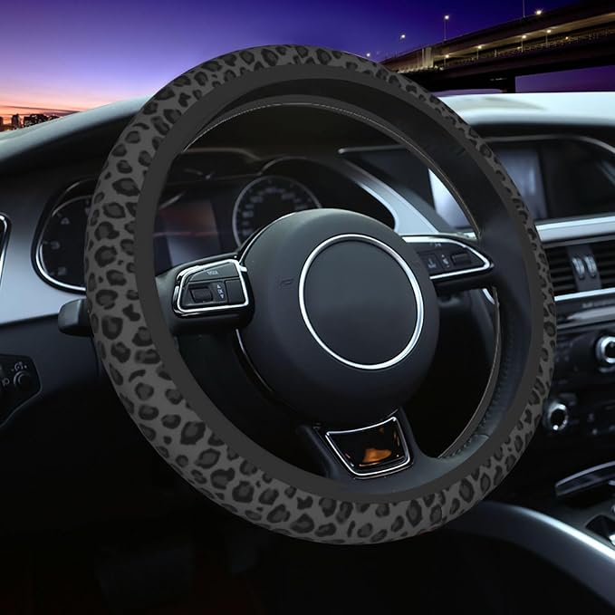Black Leopard Print Steering Wheel Cover 15 Inch Black Cheetah Steering Wheel Cover Anti-Slip Breathable Universal 2 Pcs Car Interior Cup Holder Pad for Men Women