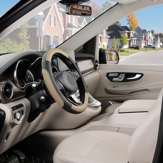 Car Steering Wheel Cover Universal Standard Size 14.5-15 inch, Black and Beige Microfiber Leather
