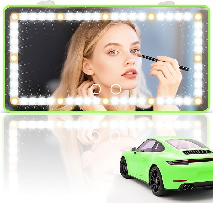 Car Sun Visor Vanity Mirror - Rechargeable Makeup Mirror with 60 LEDs, 3 Light Modes & Dimmable Touch Control for Cars, Trucks, SUVs, Car Interior Accessories for Women (Green)