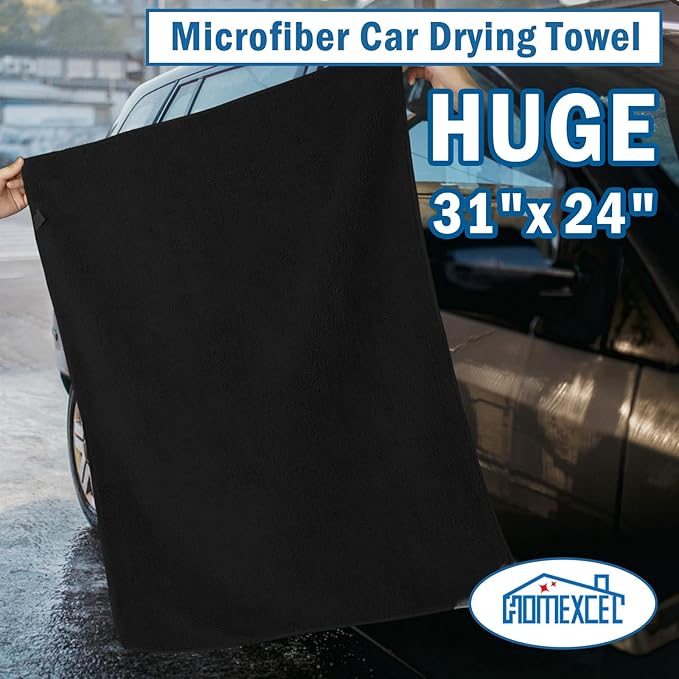 Professional Large Microfiber Car Drying Towels 2 Pack, Lint Free, Scratch Free, Highly Absorbent Drying Towel for Cars, SUVs, RVs, Trucks, and Boats,31" x 24", Black