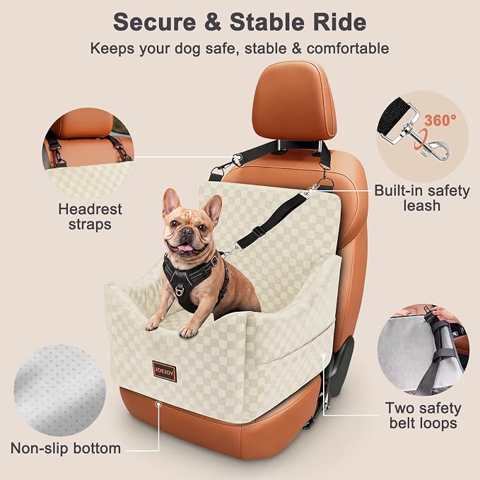 Elevated Dog Car Seat for Small/Medium Dogs up to 35 lbs, Memory Foam Booster Seat with Detachable Washable Cover, Travel-Safe Car Bed with Safety Belts & Storage Pockets, Beige