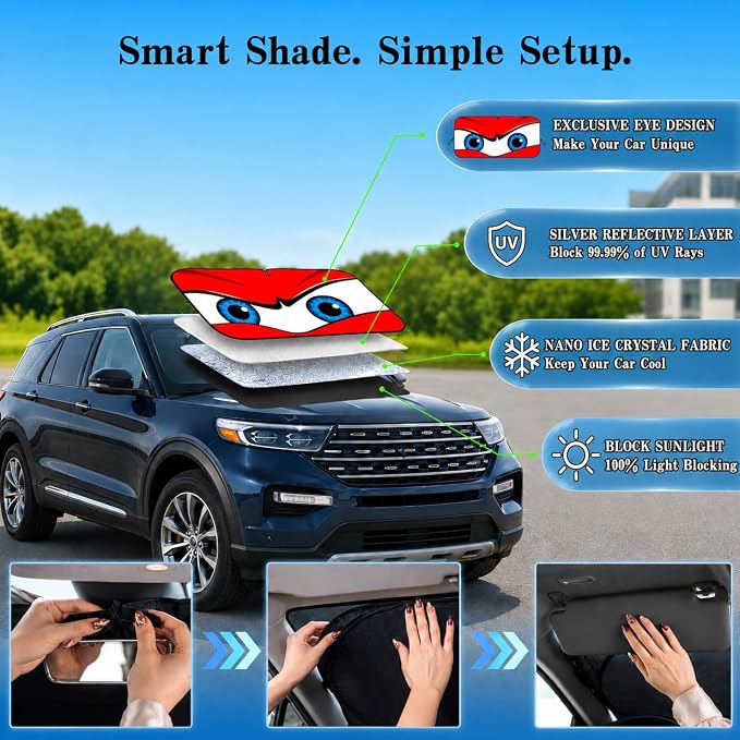 Car Windshield Sun Shade, Universal Fit Full-Size SUV Pickup MVP, Angry Red | 63 x 33.86" Large Windshield Cover, Foldable Front Window Sunshade, UV Heat Protection, Cute Eyes Series