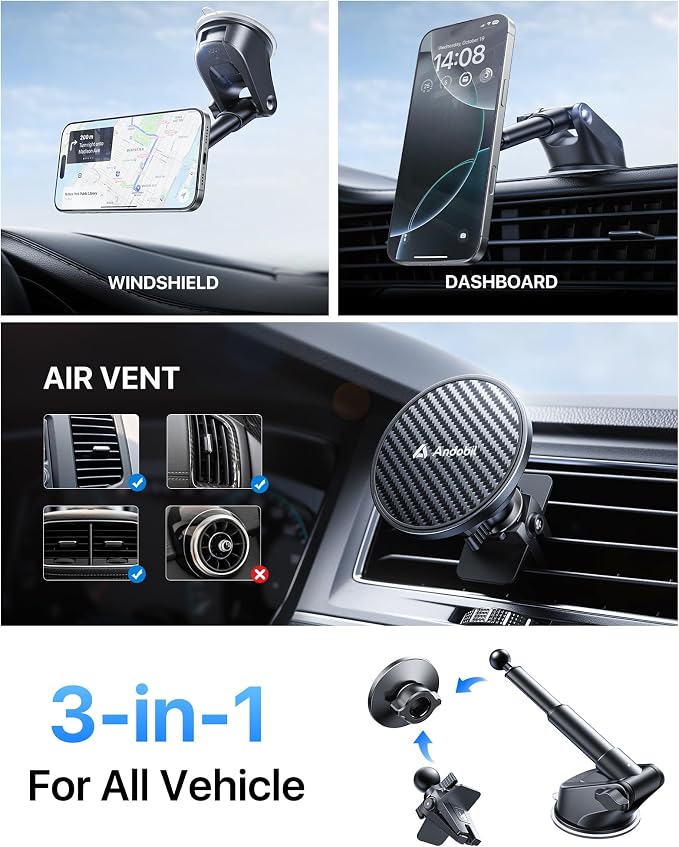 【Military-Grade】 3 in1 Magnetic Phone Holder for Car Dashboard Windshield Vent 【Upgrade Suction & Strongest Magnet】Retractable for MagSafe Car Mount Mats for iPhone 17 16 15 14 Pro Max Sumsung