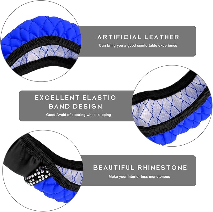 Bling Car Steering Wheel Cover, 15 Inch Sparkly Rhinestone Soft Leather Steering Wheel Protector, Non-Slip Universal Auto Elastic Steering Wheel Covers for Women Girls (Blue)