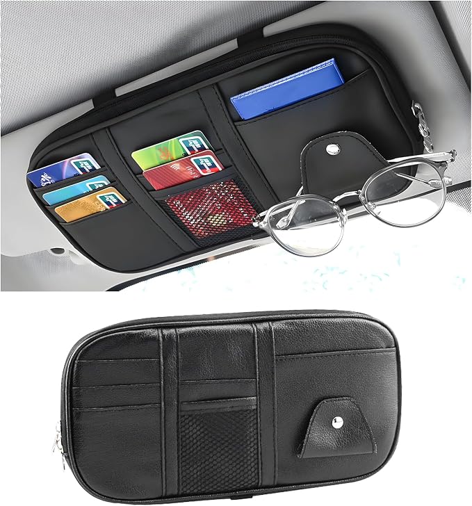 Car Sun Visor Organizer, Leather Multi-Pocket Visor Organizer Pouch with Double Zippers Net, Sunglass Holder Storage Pocket for License Pen Key Card Registration Document (Black)
