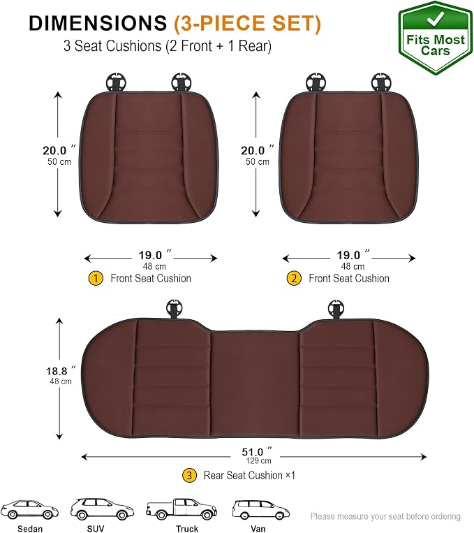 3-Piece Car Seat Cushion Set, 1.2inch Memory Foam Comfort, 2 Front Automotive Seat Cushions + Rear Bench Cushion, Non-Slip Bottom, Fits Sedan SUV Truck Van, Car & Office Chair, Brown