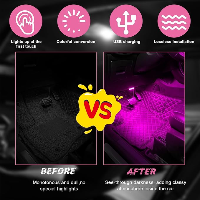 4 PCS Wireless Led Lights for Car Interior, 7 Colors Magnetic Auto Ambient Light with 6 Bright LED Lamp Beads, USB Rechargeable Vehicle Led Night Light, Car Accessories (Colorful)