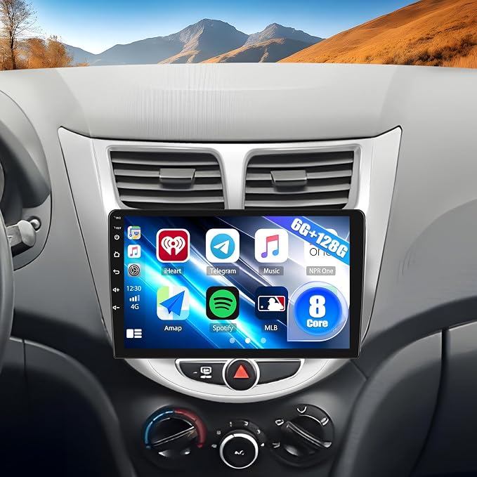 8-Core 6+128GB Car Radio Stereo for Hyundai Accent Verna Solaris 2012-2016 Android 15 CarPlay Android Auto 9" 1280*720 Touch Screen Head Unit with Bluetooth 5.0 DSP 32EQ GPS FM Backup Camera