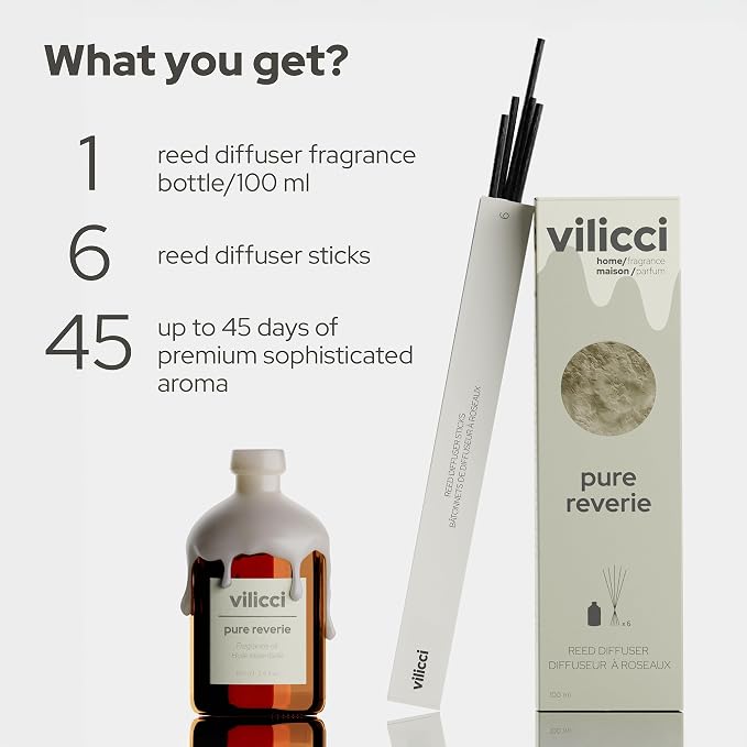 Reed Diffuser, Pure Reverie Scent, Strong Home Air Freshener, Long-Lasting Aroma Diffuser for Home and Office Decor, Vegan, Cruelty-Free Oil Ingredients, 3.4 oz (100ml)